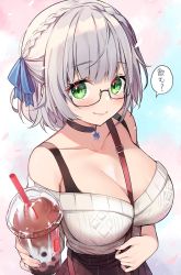Rule 34 | 1girl, ayamy, between breasts, black-framed eyewear, black choker, blue ribbon, blunt bangs, breasts, bubble tea, casual, choker, closed mouth, collarbone, cup, drinking straw, glasses, green eyes, hair ribbon, highres, holding, holding cup, hololive, large breasts, looking at viewer, ribbon, semi-rimless eyewear, shirogane noel, shirogane noel (casual), short hair, silver hair, solo, speech bubble, strap between breasts, sweater, translation request, under-rim eyewear, upper body, virtual youtuber, white sweater