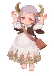 Rule 34 | 1girl, 2021, bag, barefoot, bell, child, closed mouth, commentary request, dress, ear tag, feral lemma, full body, hands up, highres, horns, looking at viewer, original, purple hair, red eyes, short hair, simple background, smile, solo, toes, white background, white dress