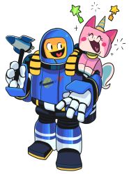 Rule 34 | 1boy, :3, :d, ^ ^, astronaut, benny (the lego movie), cat, closed eyes, colored skin, gashi-gashi, happy, heart, heart in mouth, helmet, highres, horns, lego, on shoulder, open mouth, personification, princess unikitty, rocket, simple background, single horn, sitting, sitting on shoulder, smile, spacesuit, star (symbol), the lego group, the lego movie, white background, yellow skin