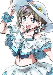 Rule 34 | 1girl, blue eyes, bow, brown hair, collarbone, grey bow, grey shirt, grey skirt, halterneck, hand on headwear, hat, looking at viewer, love live!, love live! superstar!!, low twintails, midriff, navel, off-shoulder shirt, off shoulder, open mouth, shirt, short hair, short twintails, sketch, skirt, smile, solo, sun hat, tang keke, twintails, unya, white background, white hat
