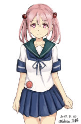 Rule 34 | 10s, 1girl, 2017, badge, blue sailor collar, blue skirt, celestea tera, cowboy shot, dated, hair bobbles, hair ornament, highres, kantai collection, looking at viewer, pink eyes, pink hair, pleated skirt, sailor collar, sazanami (kancolle), school uniform, serafuku, short hair, simple background, skirt, smile, solo, twintails, twitter username, white background