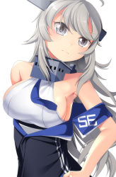 Rule 34 | 1girl, ahoge, bare shoulders, breasts, closed mouth, dress, frown, grey eyes, headgear, highres, kantai collection, long hair, medium breasts, off shoulder, silver hair, simple background, solo, underwear, washington (kancolle), white background, yasume yukito