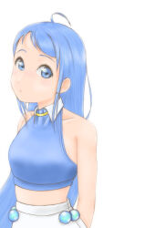 Rule 34 | 1girl, ahoge, arms behind back, bare shoulders, blue eyes, blue hair, commentary request, crop top, expressionless, kantai collection, long hair, looking at viewer, samidare (kancolle), shirt, simple background, sleeveless, sleeveless shirt, solo, upper body, uzuki mei, white background