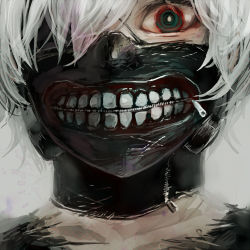 Rule 34 | 1boy, black shirt, eyepatch, face, grey background, grey hair, kaneki ken, looking at viewer, lowres, male focus, mask, mouth mask, red eyes, shirt, short hair, simple background, solo, straw like, teeth print, tokyo ghoul, torn clothes, torn shirt