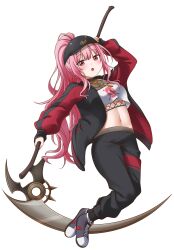 Rule 34 | absurdres, baseball cap, black hat, black jacket, black pants, black shirt, blush, breasts, cleavage, commentary, crop top, cropped shirt, english commentary, fishnet top, fishnets, full body, hat, high ponytail, highres, holding, holding scythe, hololive, hololive english, jacket, jan azure, jewelry, long hair, long sleeves, looking at viewer, mori calliope, mori calliope (streetwear), multicolored clothes, multicolored jacket, necklace, official alternate costume, official alternate hairstyle, open mouth, pants, pink hair, red eyes, red jacket, scythe, see-through, see-through cleavage, shirt, sidelocks, simple background, skull and crossbones, solo, streetwear, track jacket, track suit, transparent background, two-tone jacket, virtual youtuber