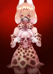 Rule 34 | 1girl, bare shoulders, blonde hair, blood, bow, bowtie, breasts, dry blood, gloves, hair between eyes, high-waist skirt, kemono friends, looking at viewer, medium breasts, muzzle, notora, print bow, print bowtie, print gloves, print thighhighs, red background, serval (kemono friends), serval print, skirt, skull, solo, tail, teeth, thighhighs, yellow eyes