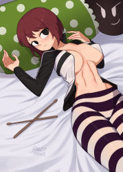 Rule 34 | 1girl, barleyshake, blush, bow, breasts, freckles, highres, kim pine, lying, medium breasts, navel, no bra, on back, pantyhose, red bow, scott pilgrim (series), short hair, solo, striped clothes, striped pantyhose