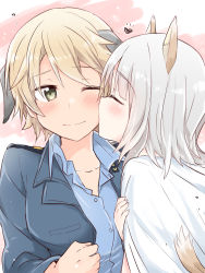 Rule 34 | 10s, 2girls, animal ears, blush, brave witches, commentary, dog ears, edytha rossmann, closed eyes, fox ears, fox tail, green eyes, heart, highres, jacket, kiss, kissing cheek, light brown hair, looking at another, military, military uniform, multiple girls, open clothes, open jacket, short hair, silver hair, smile, tail, uniform, waltrud krupinski, world witches series, yasaka shuu, yuri