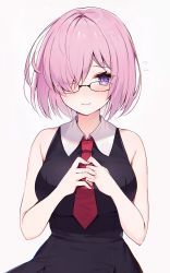 Rule 34 | 1girl, bare shoulders, blush, cowboy shot, fate/grand order, fate (series), glasses, hair over one eye, highres, looking at viewer, mash kyrielight, muryotaro, necktie, purple eyes, purple hair, red necktie, short hair, smile, solo, white background
