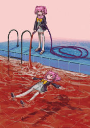 Rule 34 | 2girls, absurdres, blood, cardigan, floating, fortissimo, fox (770205490), hair ornament, highres, matching outfits, multiple girls, musical note, musical note hair ornament, otonokoji hibiki, otonokoji kanade, pink hair, pink sailor collar, pool of blood, sailor collar, siblings, sisters, sixteenth note, super danganronpa another 2, thighhighs, twins, twintails, white thighhighs