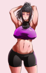 Rule 34 | 1girl, abs, adjusting hair, alternate costume, alternate hairstyle, armpits, arms behind head, arms up, bad anatomy, belly, bike shorts, black hair, blush, breasts, covered erect nipples, cowboy shot, crop top, detached sleeves, eyeshadow, female focus, gluteal fold, han juri, highres, hip focus, kanta (k n t r o), large breasts, legs, lips, lipstick, looking to the side, makeup, midriff, muscular, muscular female, navel, pink eyes, plump, poorly drawn, purple lips, shirt, short hair, solo, street fighter, street fighter iv (series), taut clothes, taut shirt, thigh gap, thighs, toned, turtleneck, yin yang