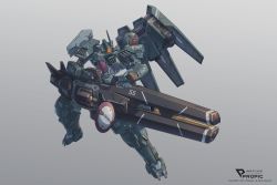 Rule 34 | absurdres, full body, grey background, gun, highres, holding, holding gun, holding weapon, korean commentary, looking to the side, maxilax, mecha, mixed-language commentary, no humans, original, robot, science fiction, solo, weapon