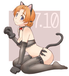 Rule 34 | 1girl, animal ears, animal hands, arm up, black bow, black bra, black choker, black panties, black thighhighs, blue eyes, blush, bow, bow choker, bra, braid, breasts, cat ears, cat tail, choker, cleavage, closed mouth, commentary, dated, fake animal ears, fake tail, frilled bra, frills, full body, girls und panzer, gloves, grey background, hair bow, leaning forward, legs, light blush, lingerie, looking at viewer, medium breasts, orange hair, orange pekoe (girls und panzer), outside border, panties, parted bangs, paw gloves, paw pose, short hair, side-tie panties, sitting, smile, solo, tail, thighhighs, thong, underwear, uona telepin, wariza