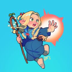 Rule 34 | 1girl, ambrosia (dungeon meshi), aqua background, blonde hair, blue capelet, blue robe, bow, braid, capelet, casting spell, chibi, choker, dungeon meshi, elf, full body, glowing, green eyes, hair bow, highres, holding, holding staff, long hair, looking to the side, lougouvea, mage staff, marcille donato, open mouth, parted hair, pointy ears, red choker, robe, sandals, signature, solo, sprout, staff, twin braids