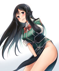 Rule 34 | 10s, 1girl, :d, bad id, bad pixiv id, black gloves, black hair, brown eyes, chikuma (kancolle), elbow gloves, gloves, gradient background, green jacket, haregama shiina, highres, jacket, kantai collection, long hair, open mouth, short sleeves, single elbow glove, smile, solo