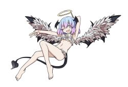 Rule 34 | 1girl, :d, barefoot, black souls, black tail, blue hair, bra, demon tail, demon wings, fake halo, fang, frilled bra, frills, gradient hair, halo, head wings, heart, heart-shaped pupils, highres, lingeriena (black souls), looking at viewer, multicolored hair, one eye closed, open mouth, pink hair, rabbit king, simple background, skin fang, smile, solo, symbol-shaped pupils, tail, underwear, white background, white bra, wings