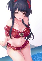 Rule 34 | 1girl, arm support, arms behind back, bikini, black hair, bow, breasts, brown eyes, cleavage, collarbone, cowboy shot, frilled bikini, frills, from above, front-tie bikini top, front-tie top, groin, hair bow, heart, heart print, highres, idolmaster, idolmaster shiny colors, in water, large breasts, light blush, long hair, looking at viewer, mayuzumi fuyuko, navel, off-shoulder bikini, off shoulder, pool, poolside, red bikini, red bow, ryuu., shadow, sidelocks, simple background, sitting, solo, swimsuit, water, white background