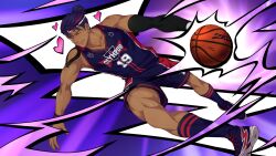 Rule 34 | 1boy, ball, basketball (object), basketball jersey, basketball uniform, blue footwear, blue shorts, blue socks, closed mouth, collaboration, dark-skinned male, dark skin, dutch angle, full body, heart, highres, holding, holding ball, jock studio (blits games), looking at viewer, male focus, mikkoukun, non-web source, official art, one eye closed, purple background, purple eyes, purple hair, shoes, shorts, smile, socks, solo, sportswear, thighs, variant set, zamius, zayne alexander