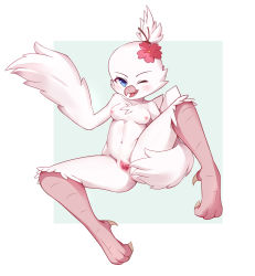 Rule 34 | 1girl, absurdres, anus, beak, bird girl, bird legs, bird tail, blue background, blue eyes, blush, body fur, border, breasts, claws, clitoris, collarbone, commission, completely nude, female focus, flong, flower, forehead, full body, furry, furry female, hair flower, hair ornament, hand up, happy, highres, looking at viewer, navel, nipples, nude, one eye closed, open mouth, original, outside border, pink flower, presenting, pussy, pussy juice, short hair, simple background, sitting, small breasts, smile, solo, spread legs, spread pussy, stomach, tail, topknot, uncensored, urethra, v-shaped eyebrows, white border, white fur, white hair, white wings, wings, wink