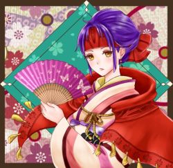 Rule 34 | 1girl, adapted costume, alternate costume, alternate hairstyle, animal print, bow, bug, butterfly, butterfly print, cape, earrings, fire emblem, fire emblem: radiant dawn, floral background, floral print, flower, folding fan, furisode, hair bow, hand fan, headband, heart, heart earrings, holding, holding fan, bug, japanese clothes, jewelry, kimono, long sleeves, nihongami, nintendo, nuts0415, obi, paper fan, pink kimono, purple hair, sanaki kirsch altina, sash, serious, solo, wide sleeves, yellow eyes