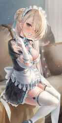 Rule 34 | 1girl, absurdres, apron, asuna (blue archive), black choker, black dress, blue archive, blue eyes, blush, breasts, choker, cleavage, commentary, dance arm, detached collar, dress, frilled apron, frilled dress, frills, garter straps, gloves, grin, highres, large breasts, light brown hair, long hair, looking at viewer, maid, maid headdress, puffy short sleeves, puffy sleeves, short sleeves, sitting, smile, solo, thighhighs, white apron, white gloves, white thighhighs