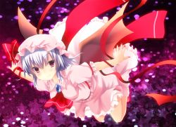 Rule 34 | 1girl, ajiriko, ascot, bad id, bad pixiv id, bat wings, fang, fang out, flying, hat, looking at viewer, mob cap, outstretched arms, red eyes, remilia scarlet, ribbon, short hair, silver hair, smile, solo, spread arms, star (symbol), starry background, touhou, wings