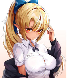 Rule 34 | 1girl, absurdres, black jacket, blonde hair, blue bow, blush, bow, bowtie, breasts, closed mouth, collared shirt, dark-skinned female, dark elf, dark skin, elf, gr greeze, gradient background, hair bow, hair intakes, hair ornament, hand up, highres, hololive, jacket, large breasts, long hair, long sleeves, looking at viewer, orange eyes, pointy ears, ponytail, shiranui flare, shirt, simple background, solo, upper body, virtual youtuber, white shirt