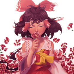 Rule 34 | 1girl, arm at side, ascot, bare shoulders, bow, brown hair, closed eyes, collarbone, commentary, detached sleeves, english commentary, facing viewer, floating hair, flower, frilled bow, frilled shirt collar, frills, hair bow, hair tubes, hakurei reimu, hand up, highres, holding, holding flower, japanese clothes, lips, medium hair, miko, nontraditional miko, red bow, ribbon-trimmed sleeves, ribbon trim, sidelocks, skirt, skirt set, smile, solo, soumakyo, touhou, vest, wide sleeves, wind, yellow ascot