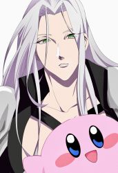 Rule 34 | black jacket, blue eyes, final fantasy, final fantasy vii, green eyes, highres, jacket, kirby, kirby (series), long hair, male focus, nintendo, open mouth, parted bangs, parted lips, sephiroth, shoulder pads, silver hair, smile, square enix, super smash bros., upper body, wasab