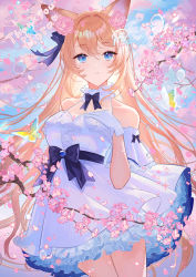 Rule 34 | 1girl, bare arms, blonde hair, blue eyes, bow, bug, butterfly, cherry blossoms, choker, commission, cowboy shot, detached sleeves, dress, falling petals, fox girl, frilled choker, frills, gloves, hamaru log, hand on own chest, highres, insect, layered dress, long hair, looking at viewer, multicolored butterfly, multicolored eyes, original, parted lips, petals, purple bow, purple ribbon, ribbon, skeb commission, sleeveless, solo, waist bow, white butterfly, white gloves