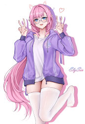 Rule 34 | 1girl, absurdres, blue eyes, breasts, character signature, chinese commentary, collarbone, commentary request, double v, drawn ears, drawn heart, drop shadow, elysia (honkai impact), foot out of frame, glasses, hair intakes, highres, honkai (series), honkai impact 3rd, hood, hoodie, large breasts, long hair, looking at viewer, no shoes, open mouth, pink hair, pink pupils, pointy ears, purple hoodie, shirt, simple background, smile, solo, standing, standing on one leg, thighhighs, thighs, v, very long hair, white-framed eyewear, white background, white shirt, white thighhighs, ying ling