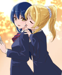 Rule 34 | 2girls, ayase eli, behind another, blonde hair, blue hair, blue jacket, book, bow, bowtie, cheek-to-cheek, closed eyes, commentary request, from side, gradient background, hair between eyes, hair ornament, hair scrunchie, hand on another&#039;s shoulder, hand up, hands up, heads together, highres, holding, holding book, jacket, long sleeves, looking away, looking to the side, love live!, love live! school idol project, multiple girls, open book, orange background, otonokizaka school uniform, parted lips, ponytail, red bow, red bowtie, school uniform, scrunchie, sonoda umi, standing, striped bow, striped bowtie, striped clothes, upper body, urutsu sahari, white background, white scrunchie, yellow eyes, yuri