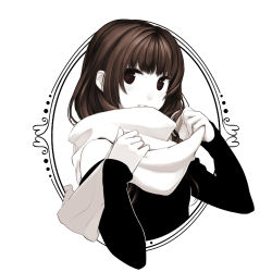 Rule 34 | 1girl, bad id, bad pixiv id, bare shoulders, black shirt, blush, brown eyes, brown hair, colored skin, fingernails, framed, highres, long hair, looking at viewer, monochrome, original, poaro, scarf, shirt, solo, spot color, white background, white skin