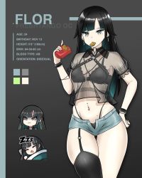 Rule 34 | 1girl, black background, black bra, black choker, black hair, black panties, black thighhighs, bra, breasts, character sheet, choker, collared shirt, cowboy shot, crop top, crop top overhang, denim, denim shorts, earrings, flor (freshtango), food, freshtango, frown, garter straps, gradient hair, grey eyes, groin, hand on own hip, hand up, highleg, highleg panties, highres, jewelry, lace, lace-trimmed bra, lace trim, long hair, looking at viewer, micro shorts, midriff, mole, mole on stomach, mole under eye, mouth hold, multicolored hair, multiple views, navel, navel piercing, open fly, original, panties, piercing, see-through, shaded face, shirt, short sleeves, shorts, single thighhigh, sleeping, small breasts, stomach, string panties, thick thighs, thighhighs, thighs, underwear, wristband, zzz