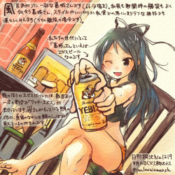 Rule 34 | 1girl, ;d, admiral (kancolle), alcohol, alternate costume, bare arms, bare legs, bare shoulders, barefoot, beer, beer can, black hair, can, chair, crop top, curtains, dated, drink can, dutch angle, hair ribbon, indoors, kantai collection, katsuragi (kancolle), katsuragi misato, kirisawa juuzou, long hair, midriff, name connection, neon genesis evangelion, non-human admiral (kancolle), one eye closed, open mouth, parody, refrigerator, ribbon, shorts, sitting, smile, table, tank top, thighs, translation request, yebisu