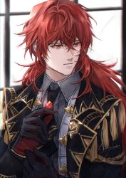 Rule 34 | 1boy, ascot, black ascot, black gloves, black jacket, closed mouth, collared shirt, crossed bangs, diluc (genshin impact), gem, genshin impact, gloves, gold trim, grey shirt, hair between eyes, highres, jacket, long hair, looking to the side, male focus, ningyo, portrait, red eyes, red gloves, red hair, shirt, solo, two-tone gloves, upper body, vest, white vest, window
