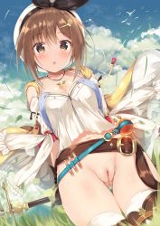 Rule 34 | 1girl, :o, arms behind back, atelier (series), atelier ryza, bare shoulders, belt, belt buckle, beret, black ribbon, blue sky, blue vest, blush, bottomless, breasts, brown belt, brown eyes, brown gloves, brown hair, buckle, cleft of venus, clothing cutout, cloud, cloudy sky, collarbone, commentary request, day, drawstring, dutch angle, flask, gloves, grass, hair between eyes, hair ornament, hairclip, hat, highres, jacket, jewelry, leather, leather belt, leather gloves, long sleeves, navel, necklace, no panties, nude filter, open clothes, open jacket, outdoors, parted lips, puffy long sleeves, puffy sleeves, pussy, reisalin stout, ribbon, round-bottom flask, shiny skin, shirt, short hair, shoulder cutout, single glove, sky, sleeveless, sleeveless jacket, solo, thighhighs, thighs, third-party edit, tomoo (tomo), uncensored, vest, vial, white hat, white shirt, white thighhighs, wind, yellow jacket