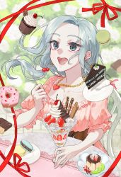Rule 34 | 1girl, blue eyes, blue hair, breasts, brown corset, cake, cake slice, cleavage, commentary request, corset, cupcake, doughnut, dress, earrings, enomoto noa, food, frilled sleeves, frills, hair bobbles, hair ornament, heart, heart necklace, highres, jewelry, kosato86, light blue hair, low ponytail, macaron, medium breasts, necklace, open mouth, parfait, parted bangs, pink dress, puffy short sleeves, puffy sleeves, red ribbon, ribbon, saibou shinkyoku, short sleeves, smile, solo, star (symbol), star earrings
