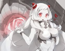 Rule 34 | 1girl, :d, abyssal ship, airfield princess, bad id, bad pixiv id, bracelet, breasts, bright pupils, colored skin, gorget, heart, horns, jewelry, kantai collection, large breasts, long hair, looking at viewer, navel, open mouth, pokoten (pokoten718), red eyes, smile, solo, upper body, white hair, white skin