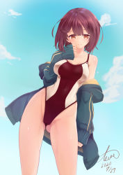 Rule 34 | 1girl, atelier (series), atelier sophie, blue sky, brown eyes, brown hair, cloud, commentary request, competition swimsuit, cowboy shot, dated, green jacket, highres, hood, hooded jacket, hoodie, jacket, looking at viewer, one-piece swimsuit, short hair, signature, sky, smile, solo, sophie neuenmuller, standing, swimsuit, tewo, two-tone swimsuit