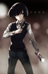 Rule 34 | 1boy, absurdres, black hair, blurry, blurry background, check copyright, closed mouth, copyright request, flashlight, glint, grey eyes, hair over one eye, highres, holding, holding flashlight, male focus, original, pliers, puru (ex-150), solo, sweat