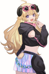 Rule 34 | 1girl, :d, ahoge, alternate costume, animal ears, bare shoulders, belt, black hoodie, blonde hair, chain, clothing cutout, cowboy shot, crop top, curled horns, eyewear on head, from side, hand up, headphones, headphones around neck, hololive, hood, hood down, hoodie, horns, iridescent, long hair, long sleeves, looking at viewer, looking to the side, midriff, miniskirt, nail polish, open mouth, pink-framed eyewear, pleated skirt, purple eyes, sheep ears, sheep girl, sheep horns, sheep tail, shoulder cutout, shugao, simple background, skirt, smile, solo, standing, stomach, sunglasses, tail, tsunomaki watame, v, virtual youtuber, white background, white skirt