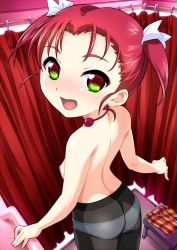 Rule 34 | 10s, 1girl, accel world, alternate legwear, ass, black pantyhose, blush, breasts, dot nose, embarrassed, female focus, freckles, from above, hair ribbon, indoors, kouzuki yuniko, legs together, looking at viewer, looking back, nipples, open mouth, panties, panties under pantyhose, pantyhose, red eyes, red hair, ribbon, short hair, short twintails, small breasts, solo, standing, sweat, topless, twintails, underwear, white panties