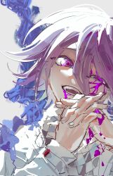 Rule 34 | 1boy, blood, blood on face, checkered clothes, checkered scarf, danganronpa (series), danganronpa v3: killing harmony, flipped hair, hair between eyes, half-closed eye, highres, injury, long sleeves, looking at viewer, male focus, oma kokichi, open mouth, own hands together, pink blood, portrait, purple eyes, purple hair, scarf, short hair, sketch, solo, teeth, white background, zai ya