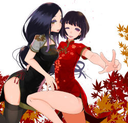 Rule 34 | 1boy, 1girl, ;), black dress, black hair, black thighhighs, blunt bangs, blush, breasts, brown eyes, china dress, chinese clothes, commentary request, crossdressing, divine child of rejuvenation, dress, highres, hug, kuro the divine heir, long hair, looking at viewer, low-tied long hair, medium breasts, mian, one eye closed, parted bangs, purple eyes, red dress, sekiro: shadows die twice, short dress, side slit, smile, thighhighs, thighs, trap, v, waist hug