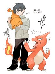 Rule 34 | 1boy, aged up, anger vein, angry, black footwear, black hair, black pants, carrying over shoulder, character doll, charmander, charmeleon, closed eyes, creatures (company), facing away, flame-tipped tail, full body, game freak, gen 1 pokemon, grey jacket, hand up, highres, jacket, long sleeves, newo (shinra-p), nintendo, pants, pokemon, pokemon (creature), scolding, shoes, short hair, standing, stuffed toy