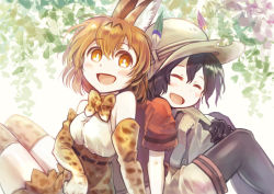 Rule 34 | 10s, 2girls, animal ears, backpack, bad id, bad pixiv id, bag, black hair, brown eyes, brown hair, elbow gloves, closed eyes, gloves, hat, kaban (kemono friends), kemono friends, multiple girls, open mouth, pantyhose, serval (kemono friends), serval print, serval tail, short hair, shorts, sitting, tail, thighhighs, tochibi