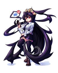 Rule 34 | 1girl, absurdres, black hair, cellphone, filia (skullgirls), frown, highres, jedo 1126, long hair, looking at viewer, necktie, phone, pleated skirt, prehensile hair, red eyes, school uniform, shoes, skirt, skullgirls, smartphone, solo, thick thighs, thighhighs, thighs, white background