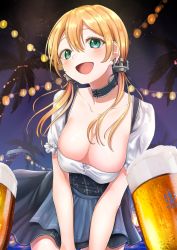 Rule 34 | 1girl, alcohol, anchor hair ornament, apron, beer, beer mug, blonde hair, breasts, cleavage, collarbone, cowboy shot, cup, dirndl, german clothes, green eyes, grey skirt, hair ornament, highres, kantai collection, lantern, large breasts, leaning forward, mug, night, oktoberfest, outdoors, prinz eugen (kancolle), shirt, short sleeves, skirt, sky, smile, solo, standing, star (sky), starry sky, tsukimura (d24f4z8j3t), twintails, waitress, white shirt