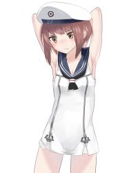 Rule 34 | 10s, 1girl, armpits, arms behind head, arms up, bad id, bad twitter id, blush, brown eyes, cowboy shot, embarrassed, fujibejifu, hat, kantai collection, looking away, looking down, neckerchief, no nose, nose blush, red hair, sailor collar, sailor hat, shirt, short hair, sidelocks, simple background, sleeveless, sleeveless shirt, solo, white background, white hat, z3 max schultz (kancolle)